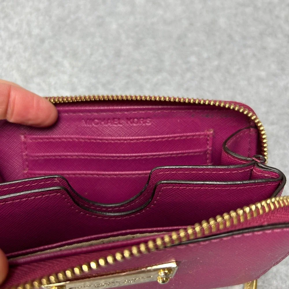 Michael Kors Plum Pink Leather Zip Around‎ Small Card Case Wallet Gold Hardware